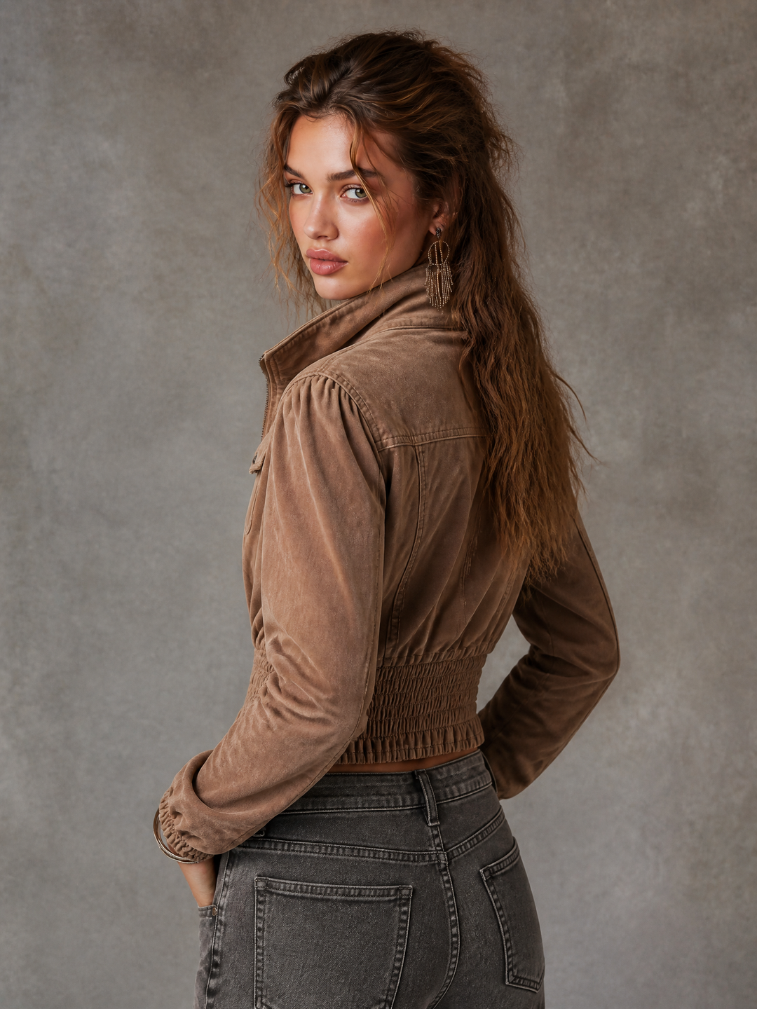 Vintage Denim Cropped Zip-Up Jacket with Smocked Waist and Elastic Cuffs