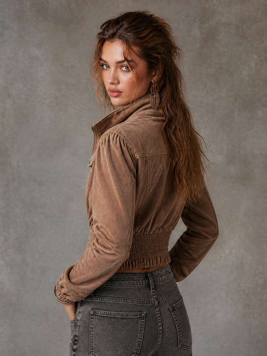 Vintage Denim Cropped Zip-Up Jacket with Smocked Waist and Elastic Cuffs