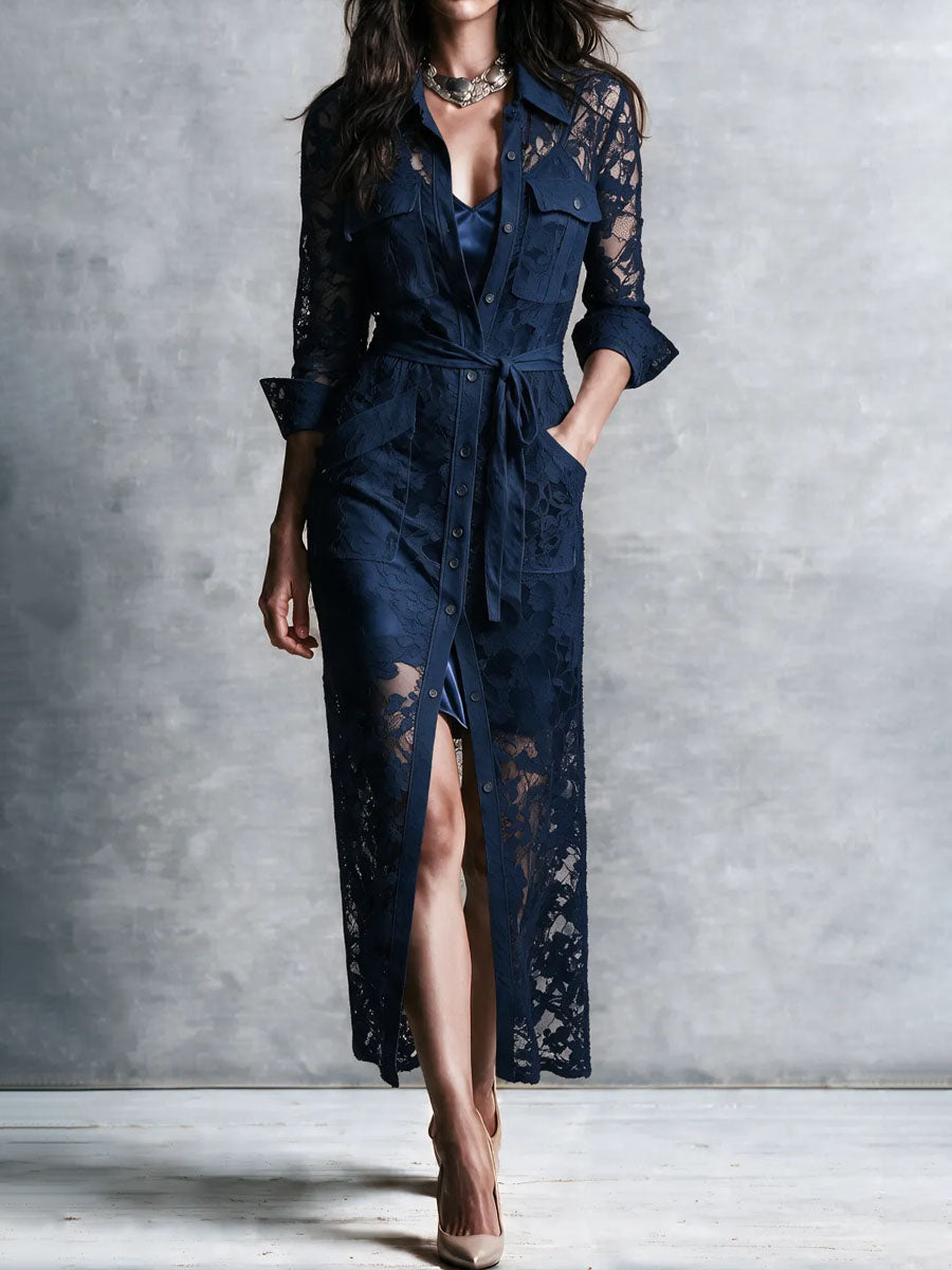 Elegant Navy Floral Lace Shirt Maxi Dress With Satin Slip Dress Two Piece