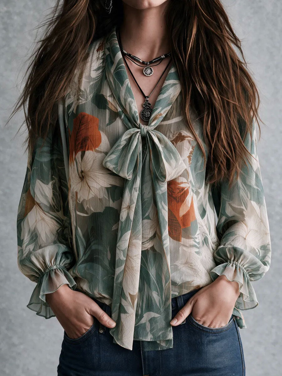 Boho Green Botanical Print V Neck Bow Tie Shirt Flared Cuff Loose Fit Chiffon Blouse