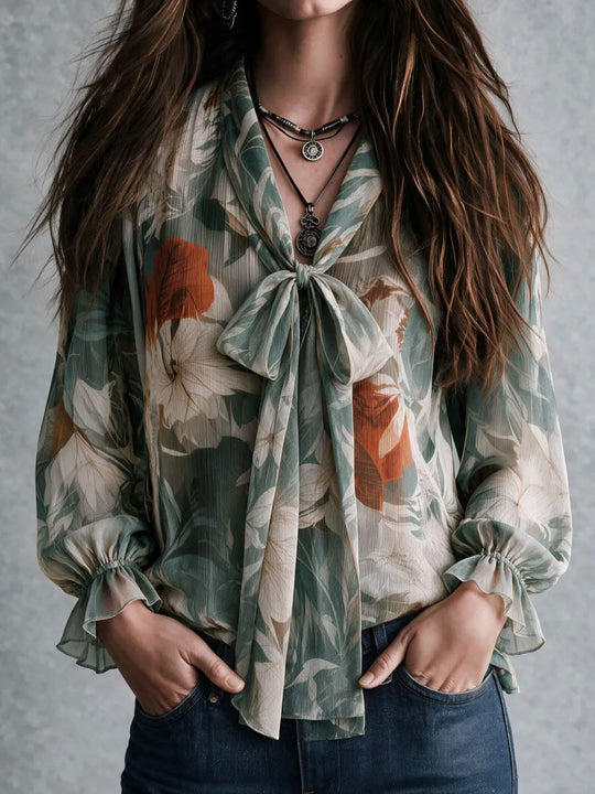 Boho Green Botanical Print V Neck Bow Tie Shirt Flared Cuff Loose Fit Chiffon Blouse