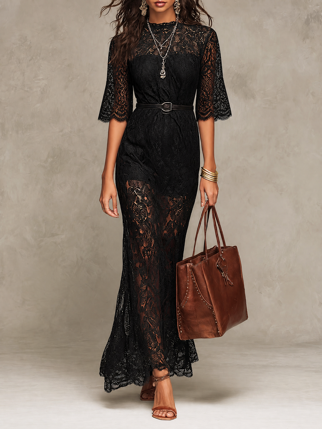 Boho Scalloped Neck Flutter Elbow Sleeve Black Floral Hollow Lace Maxi Dress