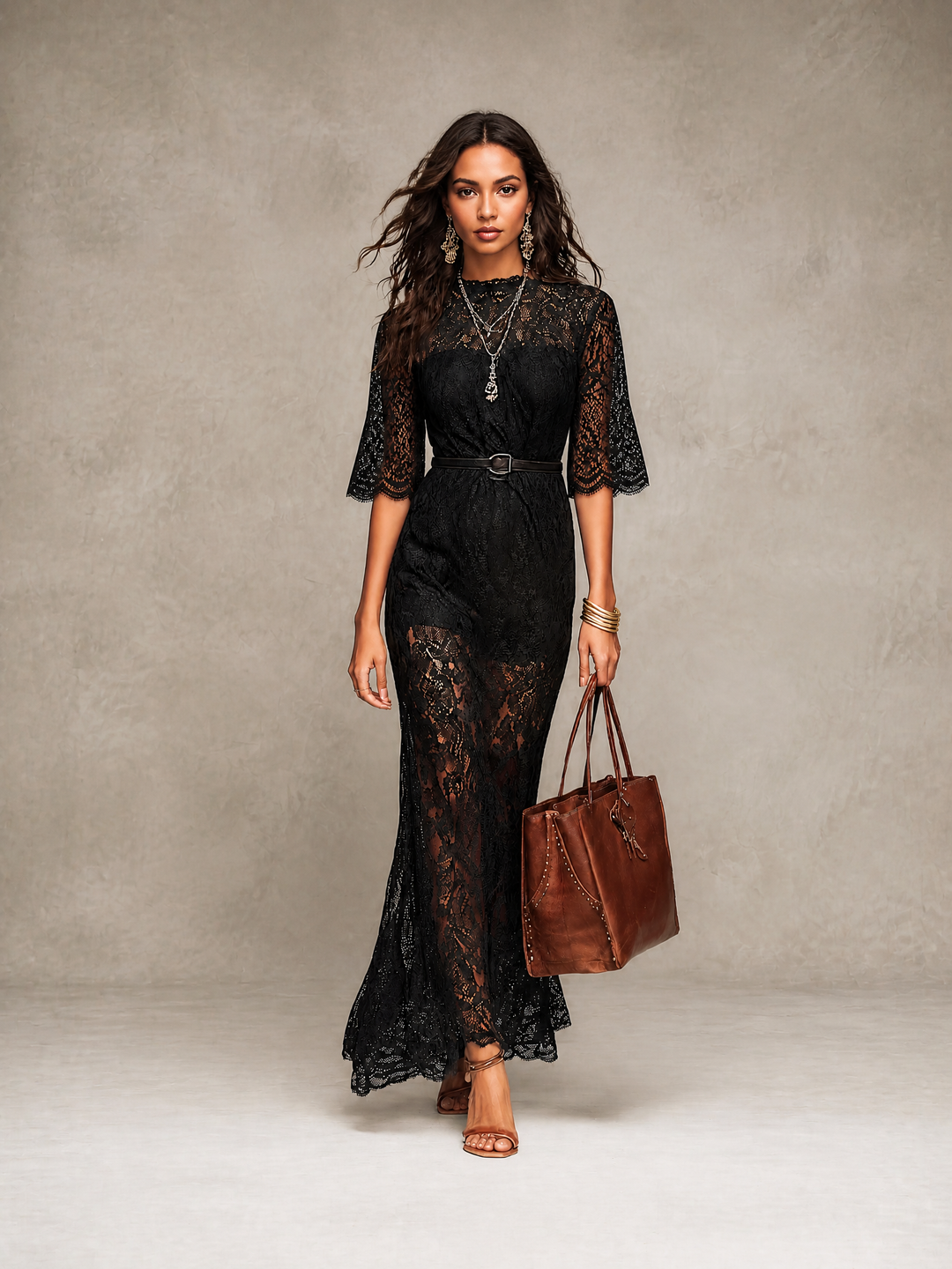Boho Scalloped Neck Flutter Elbow Sleeve Black Floral Hollow Lace Maxi Dress