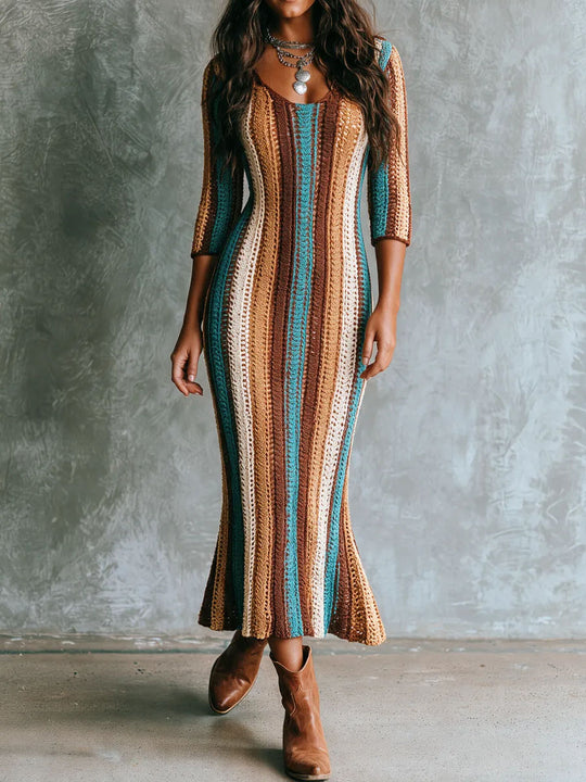 Boho Color Block Vertical Stripe Hollow Knit Mermaid Hem Maxi Dress