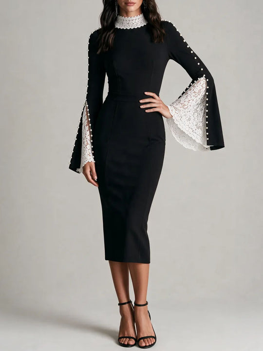 Elegant High Neck Lace Bell Sleeve Pencil And Pearl Embellished Midi Dress