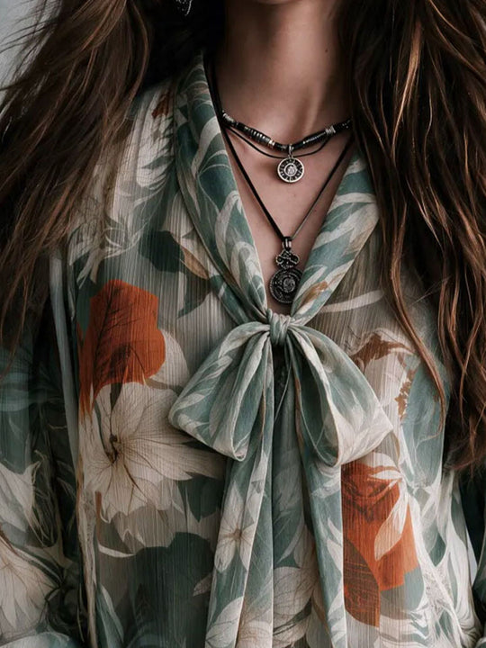 Boho Green Botanical Print V Neck Bow Tie Shirt Flared Cuff Loose Fit Chiffon Blouse