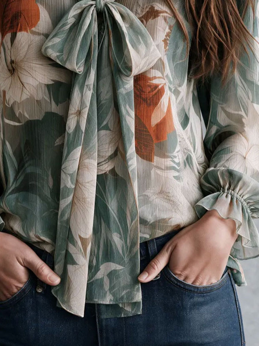 Boho Green Botanical Print V Neck Bow Tie Shirt Flared Cuff Loose Fit Chiffon Blouse