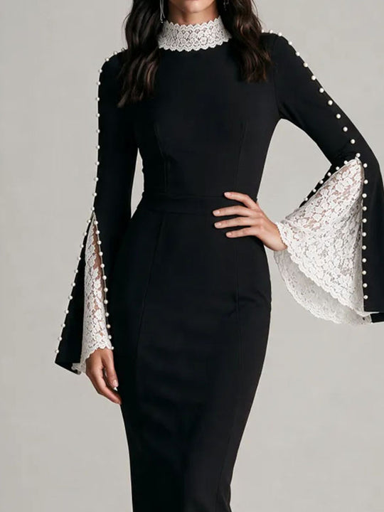 Elegant High Neck Lace Bell Sleeve Pencil And Pearl Embellished Midi Dress