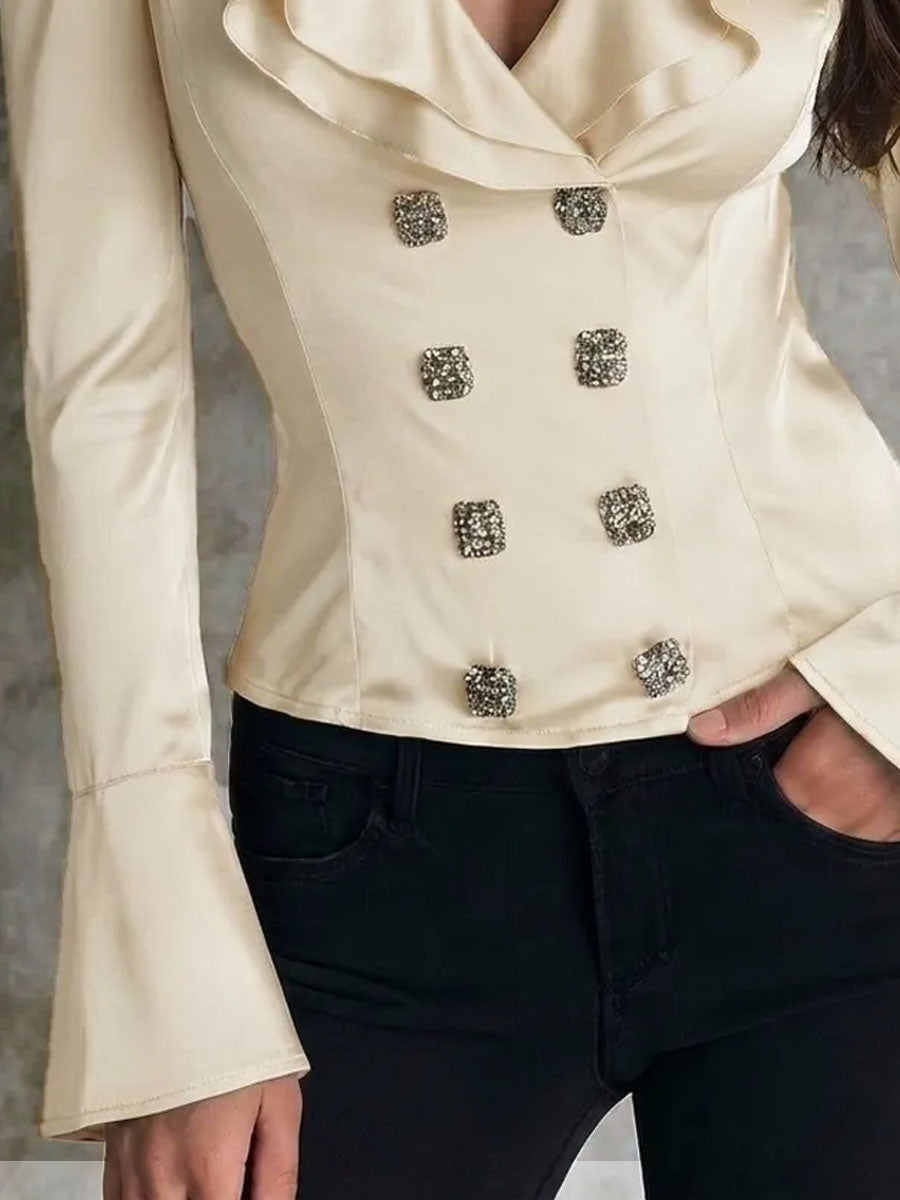 Elegant Luxury V Neck Rhinestone Button Satin Blouse