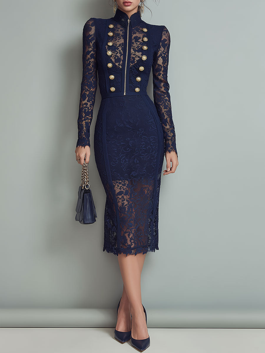 Retro Lace Long Sleeve Midi Dress with Gold Button Detail