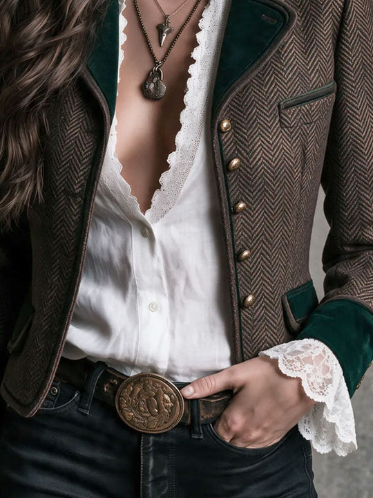 Vintage Country Herringbone Blazer With Velvet Collar Cuff
