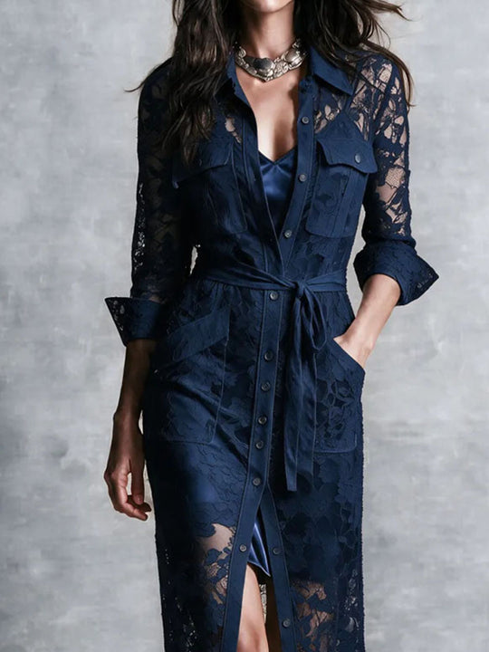 Elegant Navy Floral Lace Shirt Maxi Dress With Satin Slip Dress Two Piece
