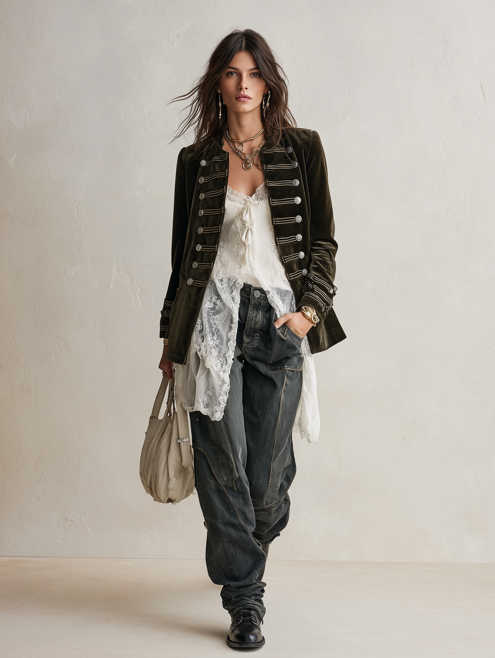 Velvet Military-Style Double-Breasted Ornate Button Detail Jacket