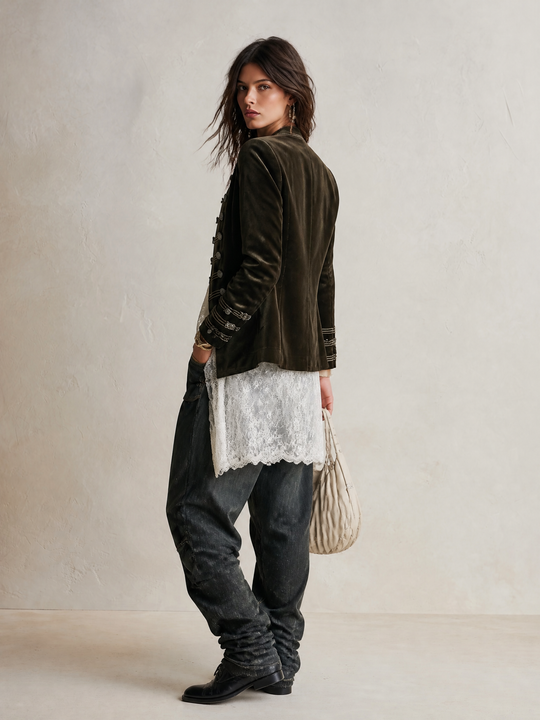 Velvet Military-Style Double-Breasted Ornate Button Detail Jacket