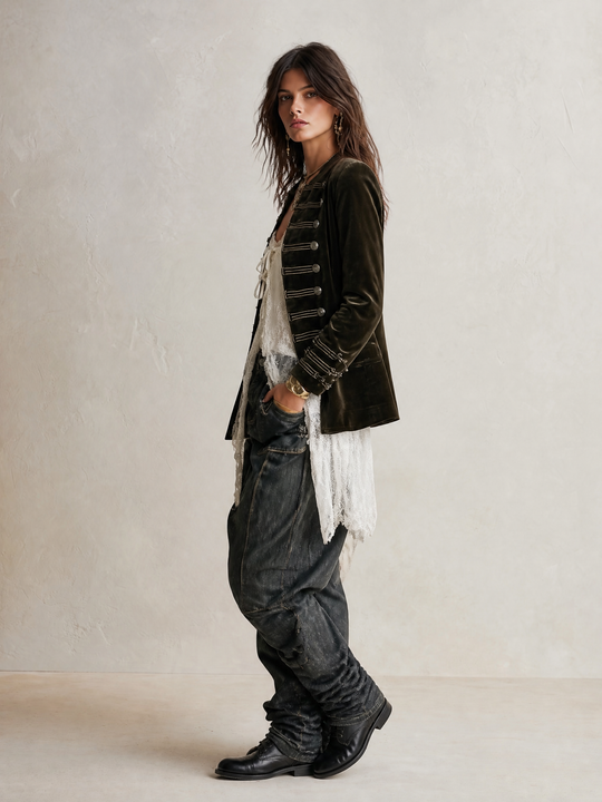 Velvet Military-Style Double-Breasted Ornate Button Detail Jacket