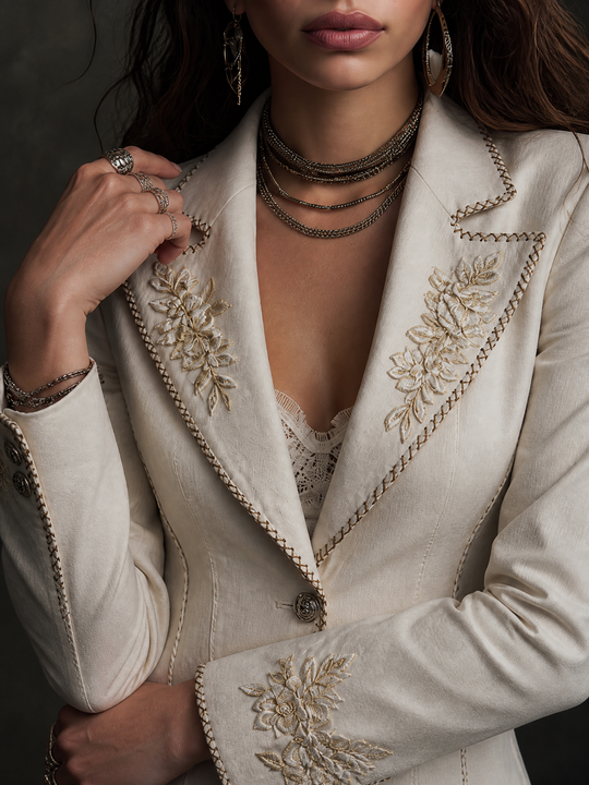 Boho Floral Embroidered Linen Blazer Lapel Single‑Breasted Slim Jacket