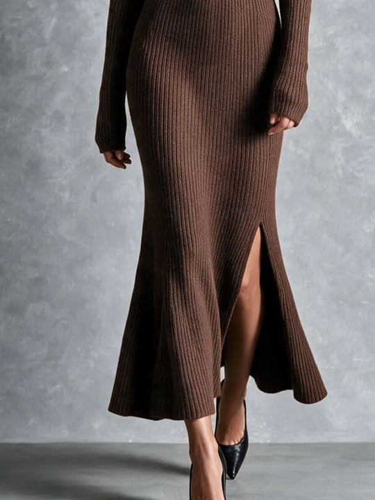 Retro Quiet Luxury Brown Wrap Ribbed Knit Maxi Dress