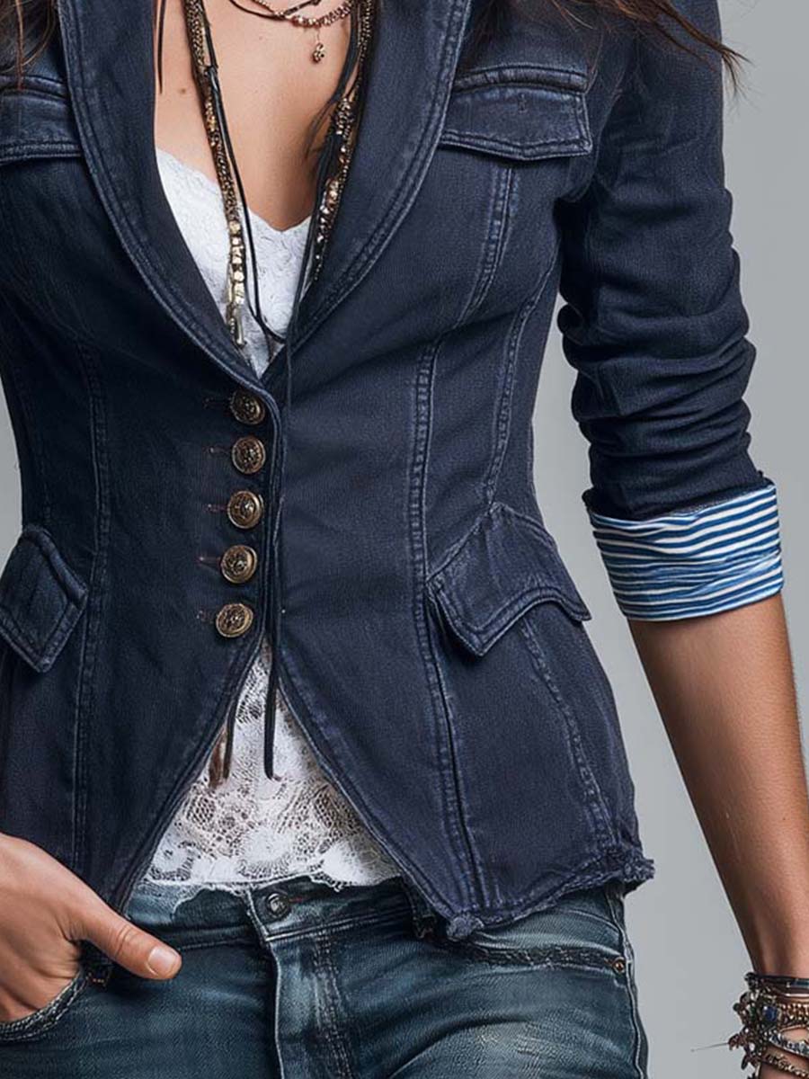 Retro Contrast Striped Collar Denim Blazer
