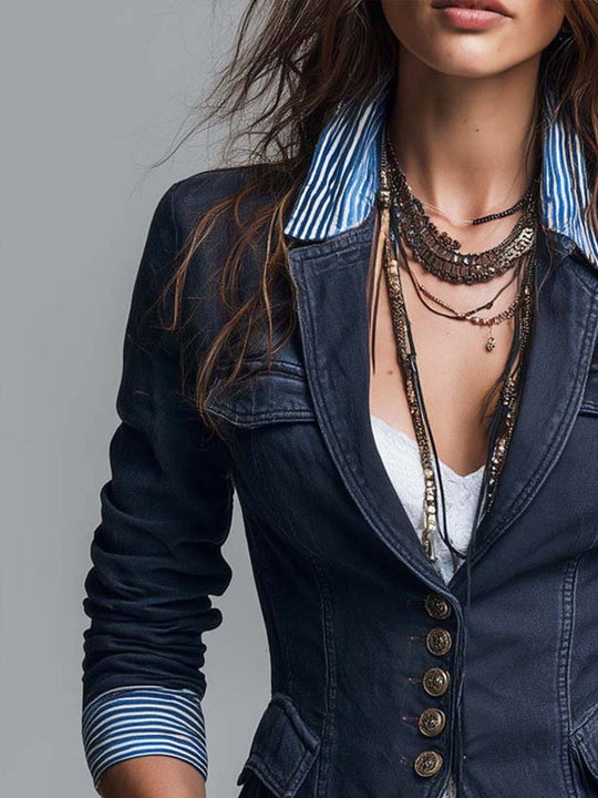 Retro Contrast Striped Collar Denim Blazer