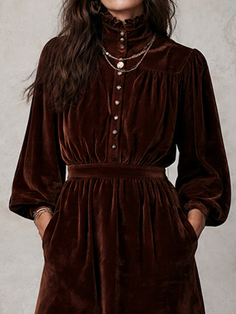 Boho Vintage Brown Velvet High-Neck Mini Dress