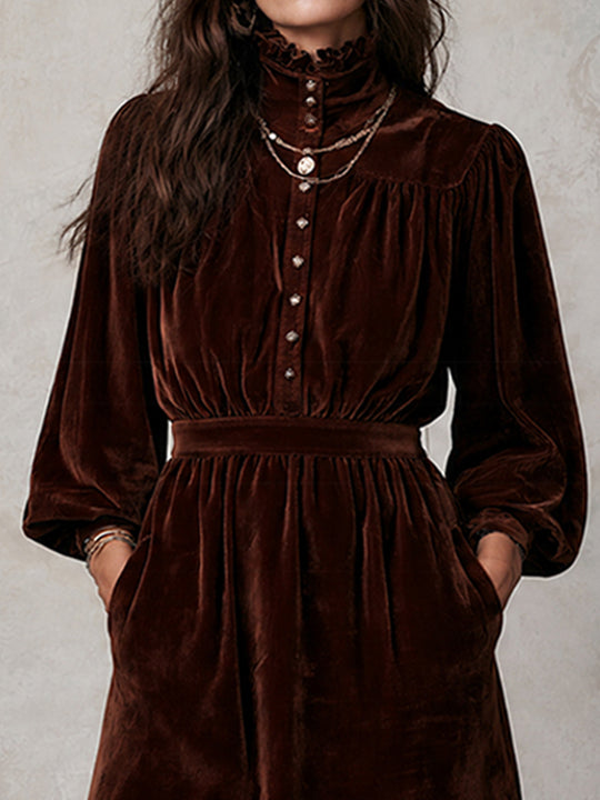 Boho Vintage Brown Velvet High-Neck Mini Dress