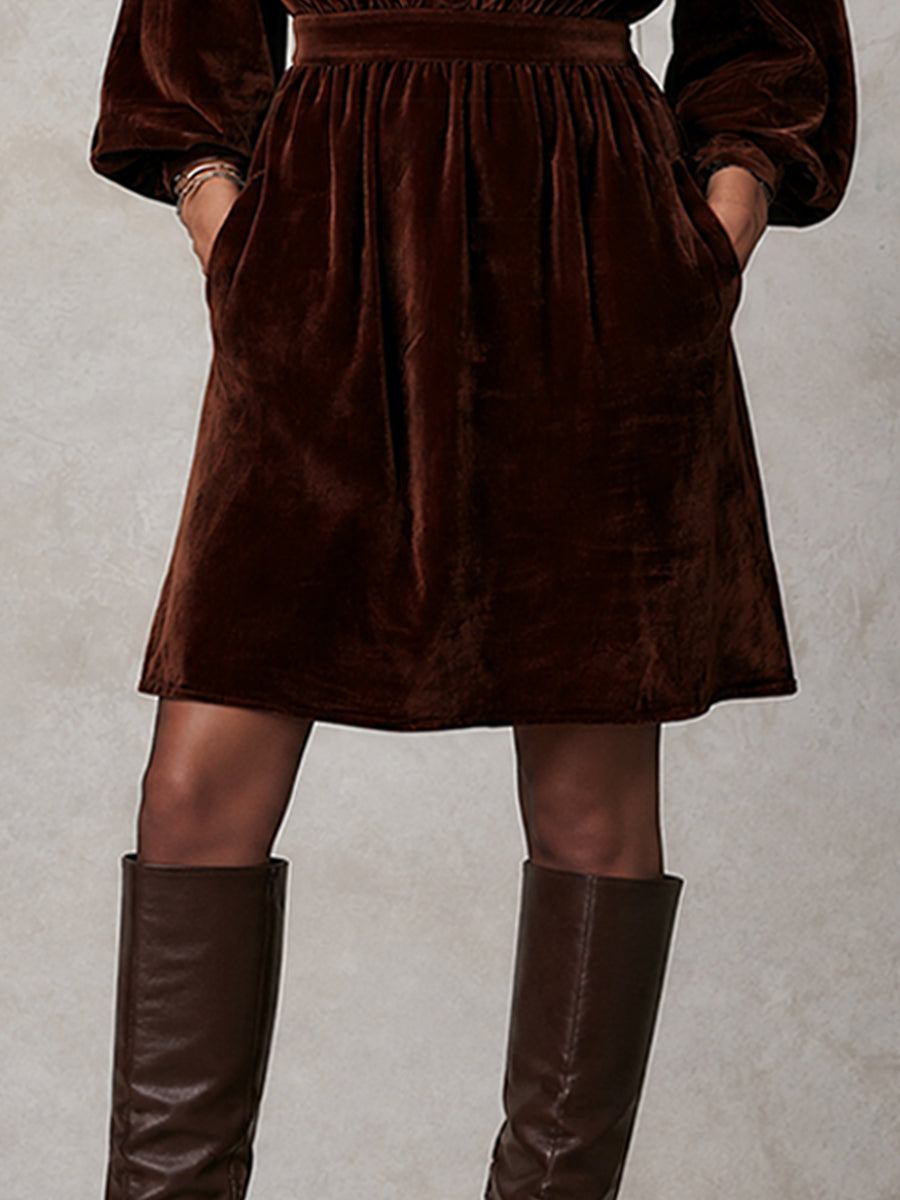 Boho Vintage Brown Velvet High-Neck Mini Dress