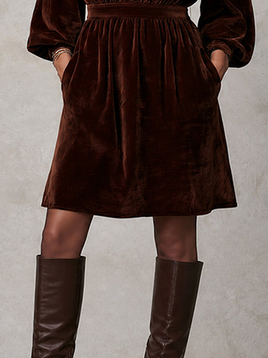 Boho Vintage Brown Velvet High-Neck Mini Dress