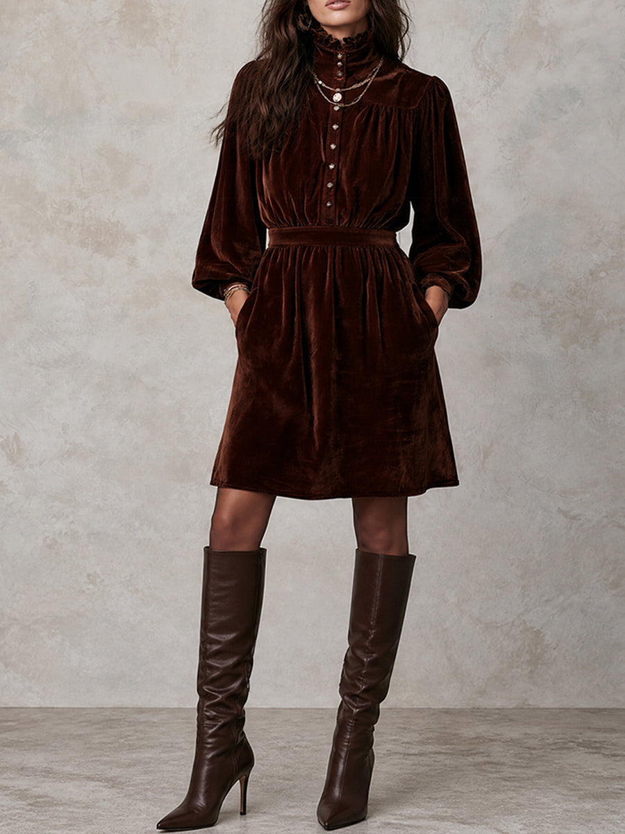 Boho Vintage Brown Velvet High-Neck Mini Dress