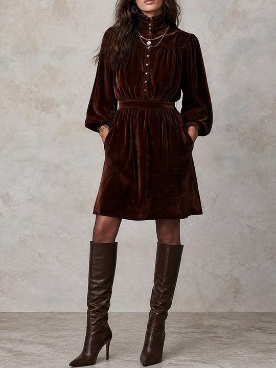 Boho Vintage Brown Velvet High-Neck Mini Dress