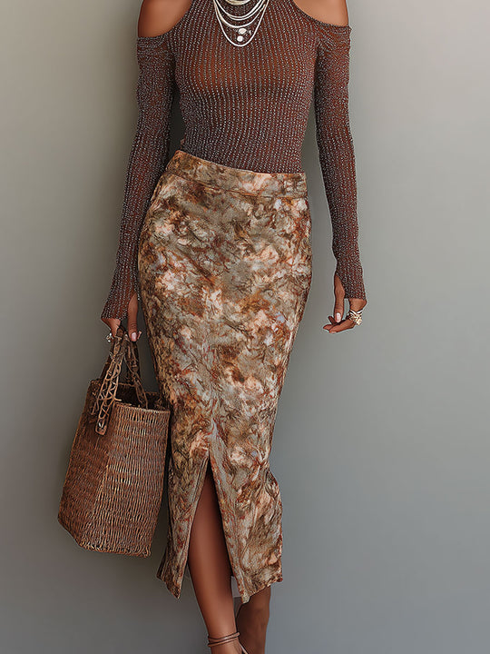 Retro Shimmer Cut-Out Shoulder Top & Oil Painting Floral Print Front-Slit Skirt Set