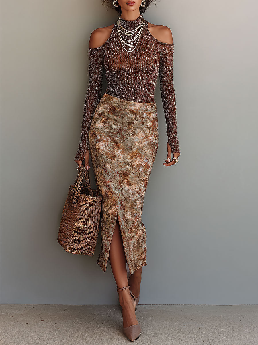 Retro Shimmer Cut-Out Shoulder Top & Oil Painting Floral Print Front-Slit Skirt Set