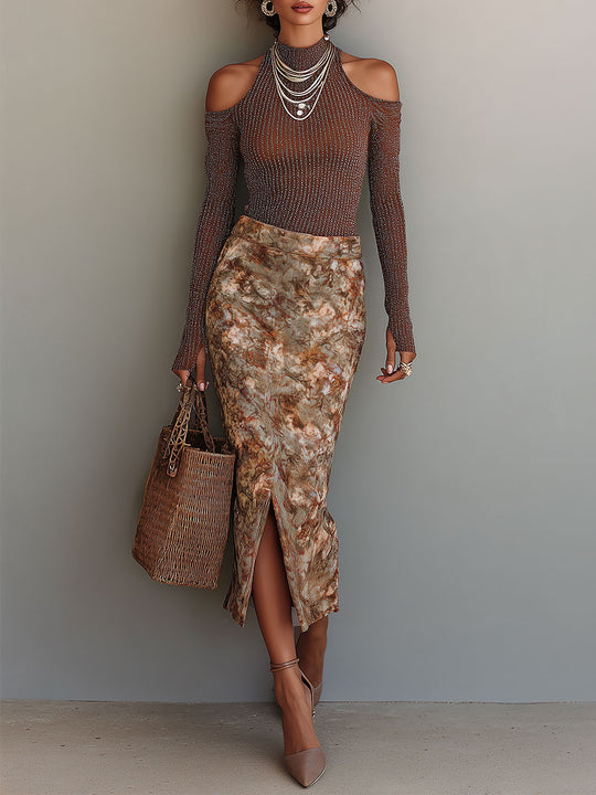 Retro Shimmer Cut-Out Shoulder Top & Oil Painting Floral Print Front-Slit Skirt Set