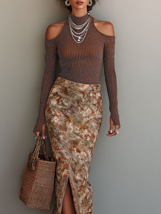 Retro Shimmer Cut-Out Shoulder Top & Oil Painting Floral Print Front-Slit Skirt Set