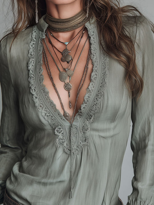 Vintage-style Tencel Blouse With Lace-trimmed Tapered Cuffs