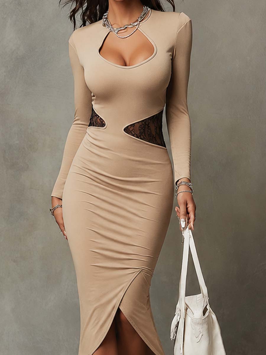 Elegant Cutout Long‑Sleeve Nude Stretch Knit Midi Dress With Black Lace Panel