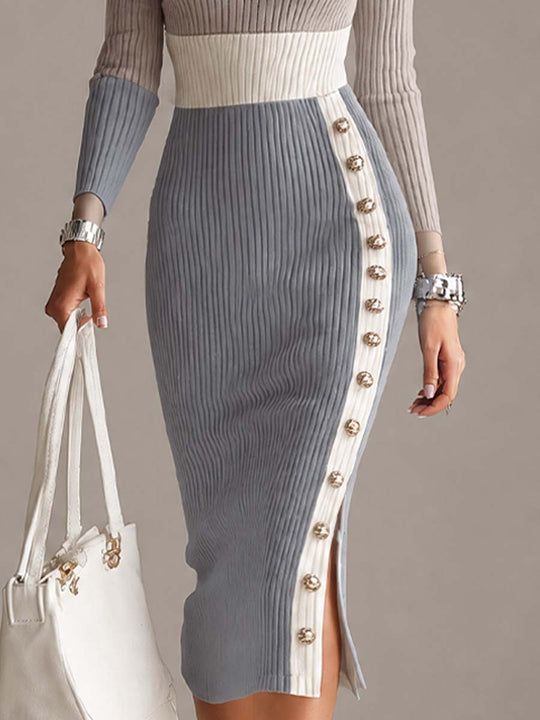 Elegant Colorblock Ribbed Knit Cutout Long Sleeve Bodycon Midi Dress with Button Slit Detail