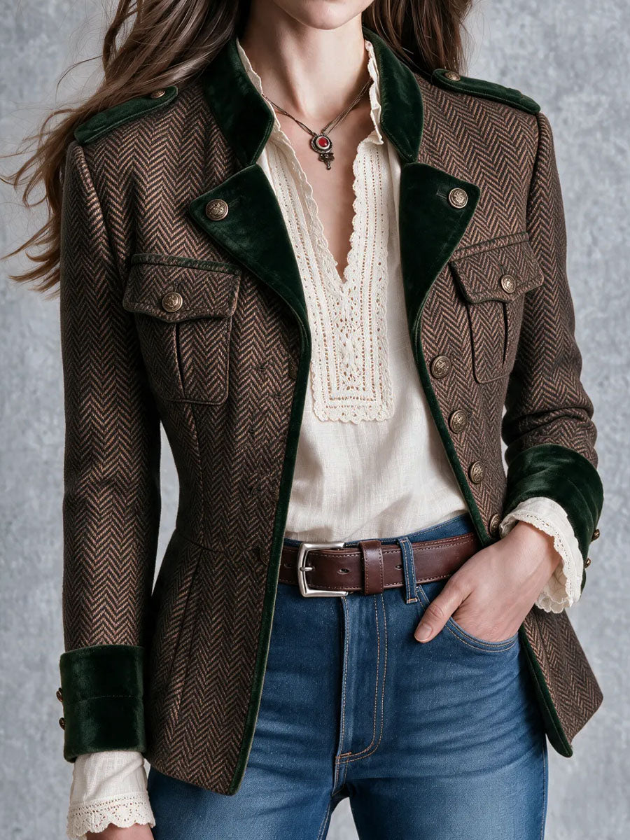 Vintage Country Velvet Trim Tweed Coat With Epaulet And Brass Button