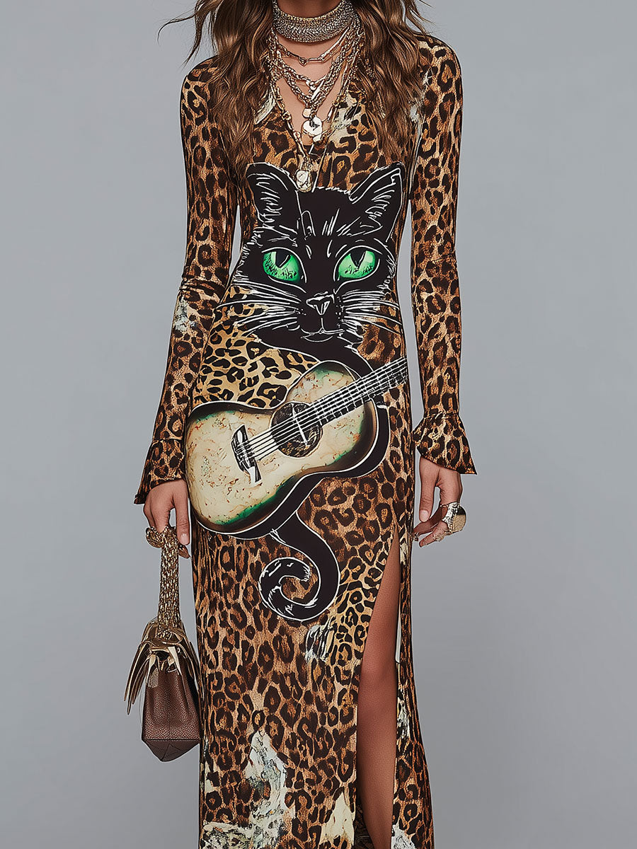 Retro Rock-style Leopard And Cat Print High-slit Maxi Dress