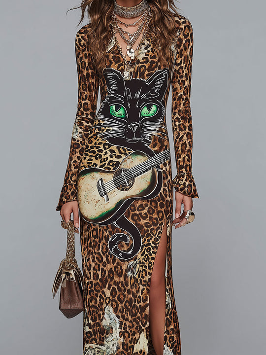 Retro Rock-style Leopard And Cat Print High-slit Maxi Dress