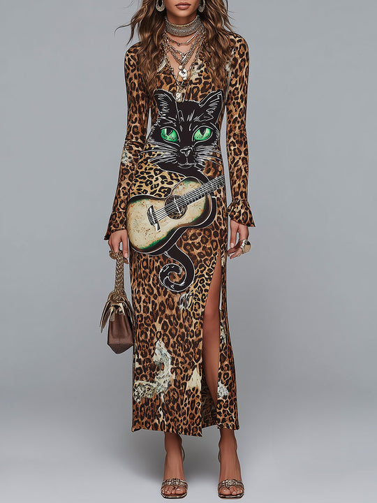 Retro Rock-style Leopard And Cat Print High-slit Maxi Dress