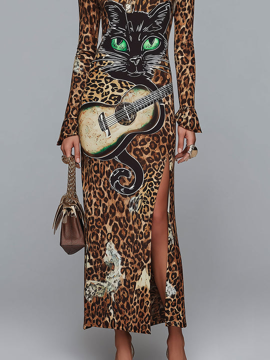 Retro Rock-style Leopard And Cat Print High-slit Maxi Dress