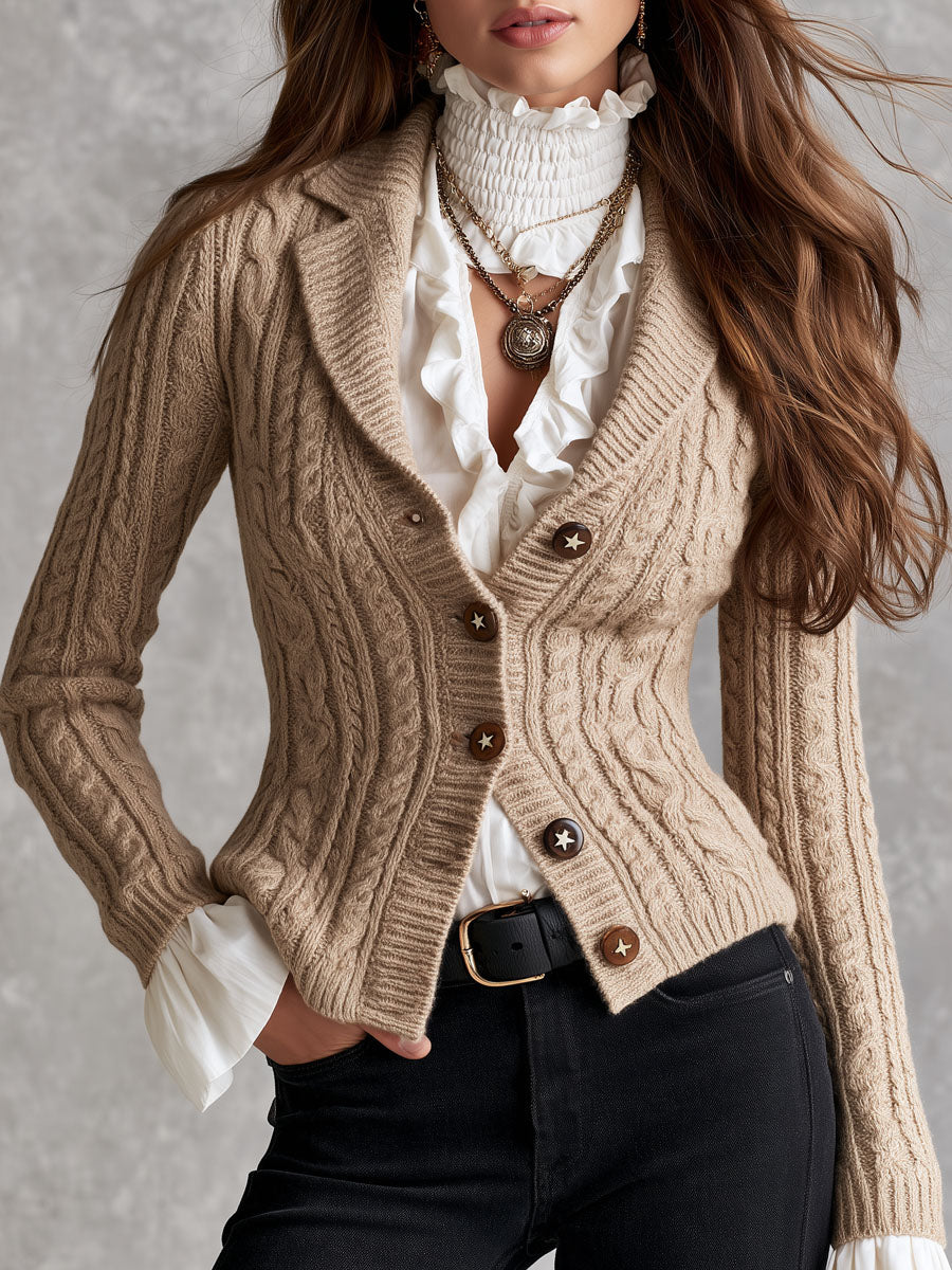 Quiet Luxury Cable Knit Tailored Suit Cardigan With Wooden Star Buttons