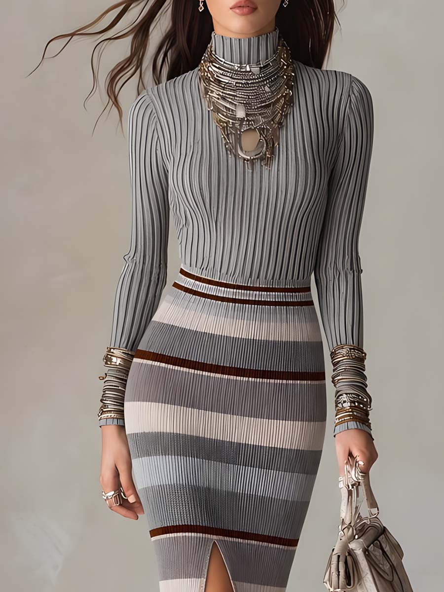 Retro High-neck Striped Knit Midi Dress