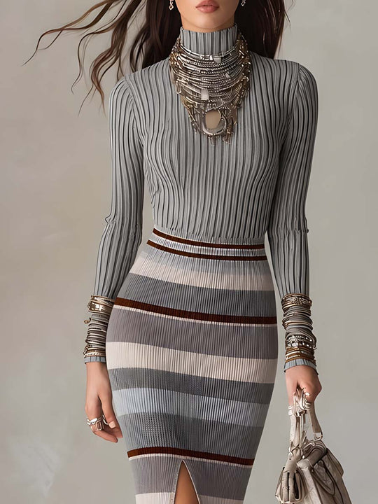 Retro High-neck Striped Knit Midi Dress