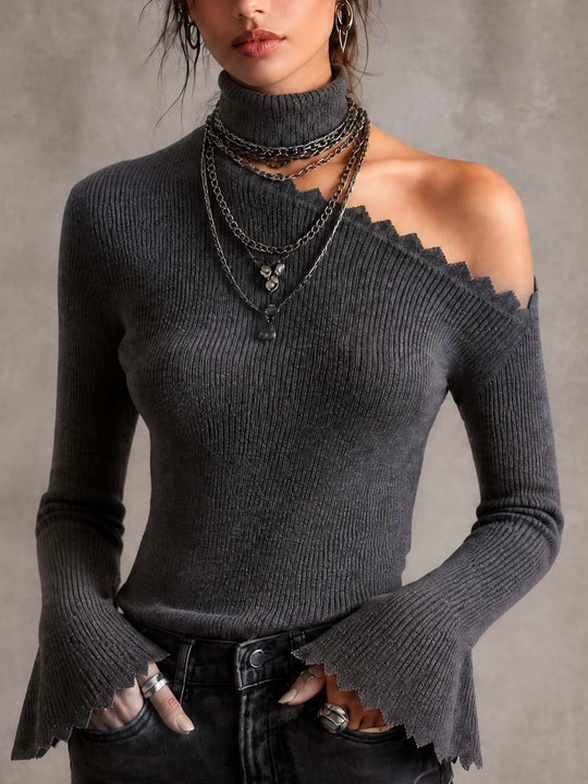 Asymmetric Off-Shoulder Ribbed Knit Sweater with Zigzag Trim