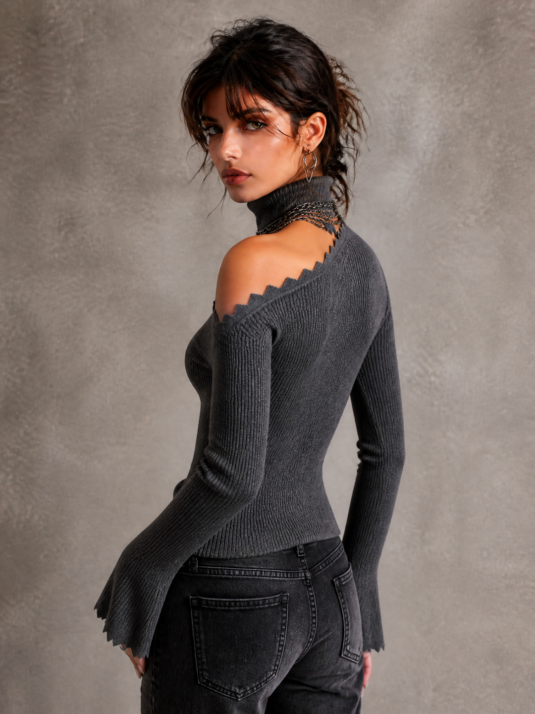Asymmetric Off-Shoulder Ribbed Knit Sweater with Zigzag Trim