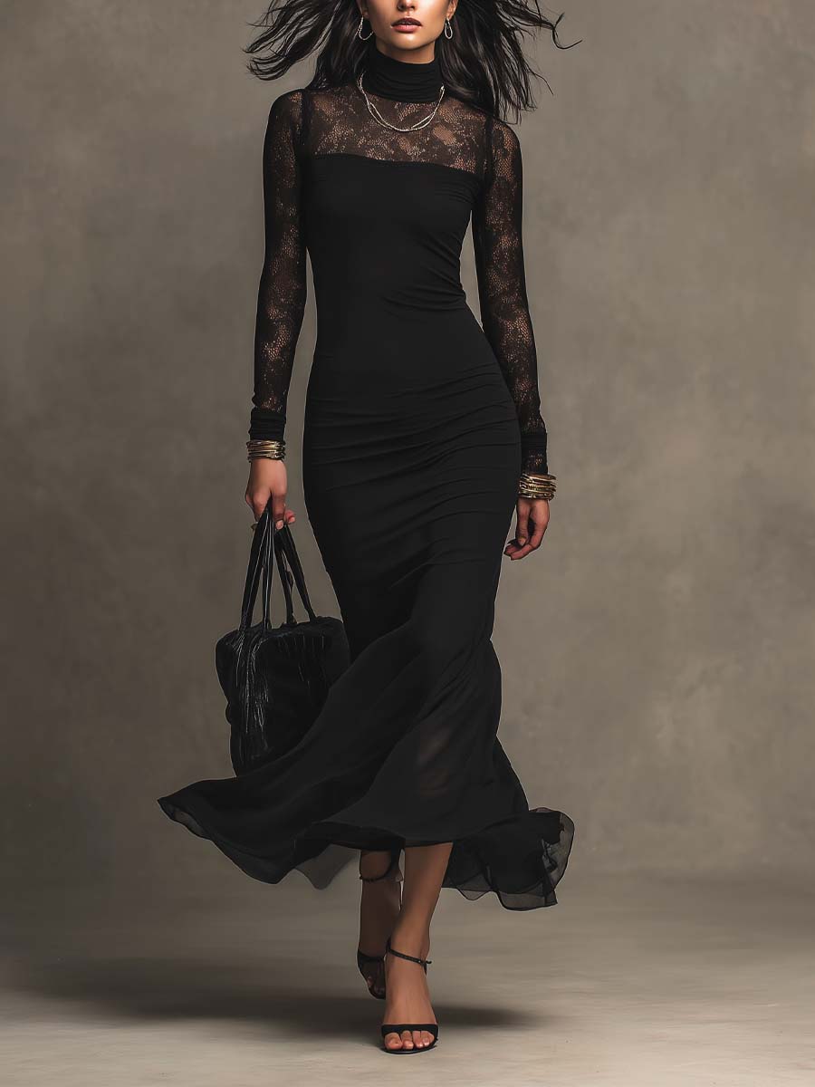 Elegant Lace Splice Long Sleeve Turtleneck Bodycon Maxi Dress