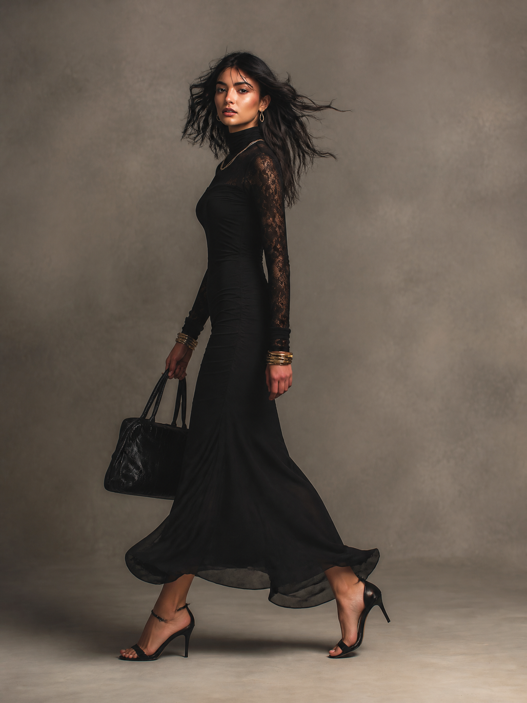 Elegant Lace Splice Long Sleeve Turtleneck Bodycon Maxi Dress