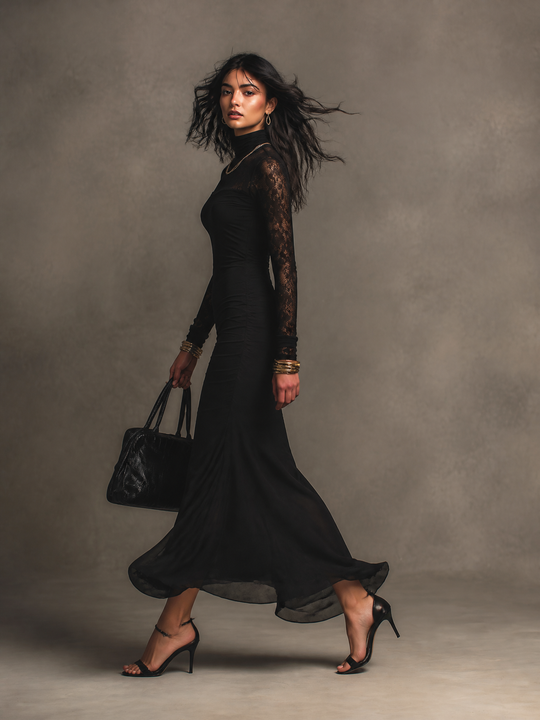 Elegant Lace Splice Long Sleeve Turtleneck Bodycon Maxi Dress