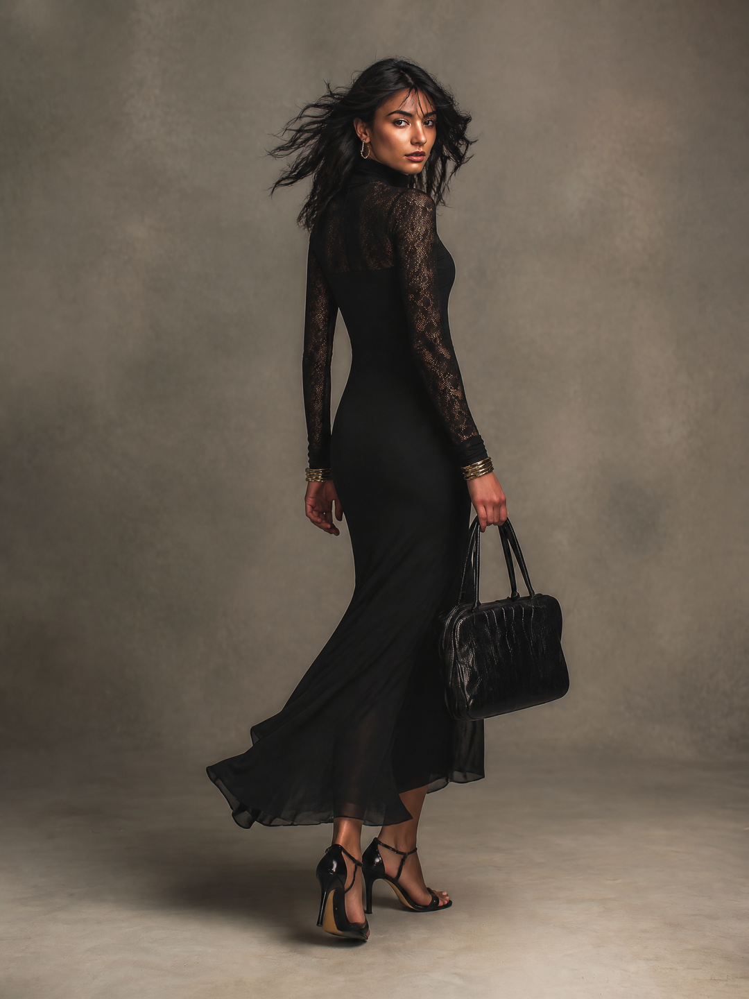 Elegant Lace Splice Long Sleeve Turtleneck Bodycon Maxi Dress